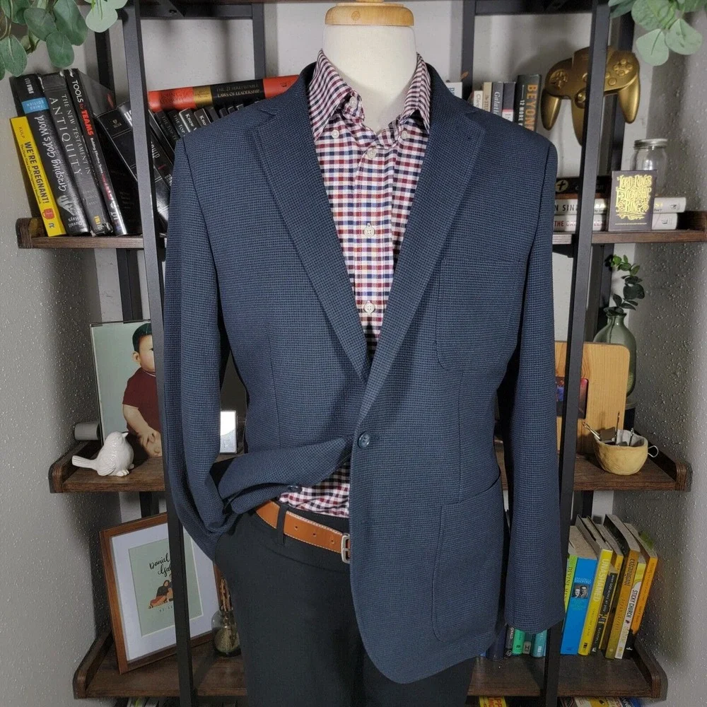 Zanetti Mens Seersucker‎ Sport Coat Two Button Navy Checked Slim Size XL